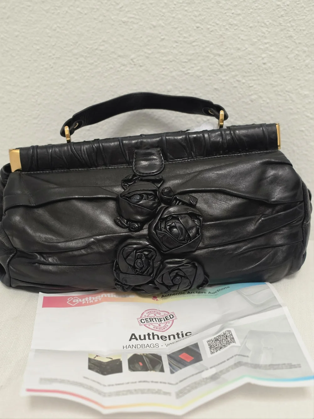 ​Valentino Black Leather Rose Applique Statement Bag with Additional Strap